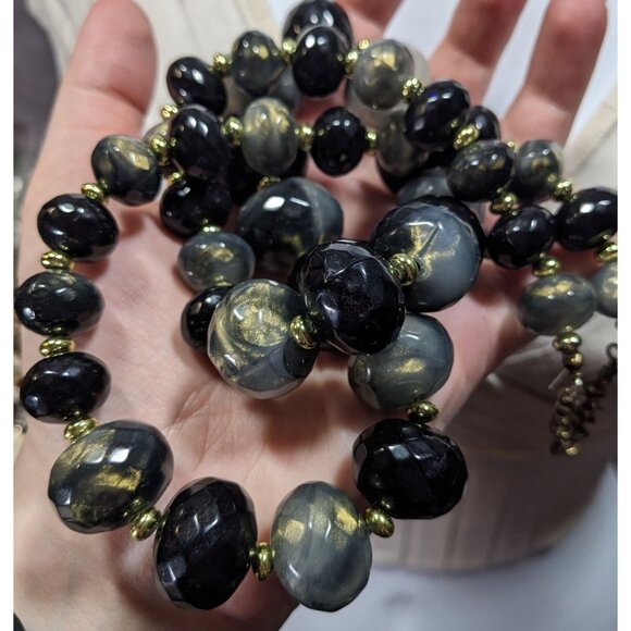 Whimsical Black And Grey Acrylic Beaded Necklace With Gold Tone Shimmer - Picture 5 of 6